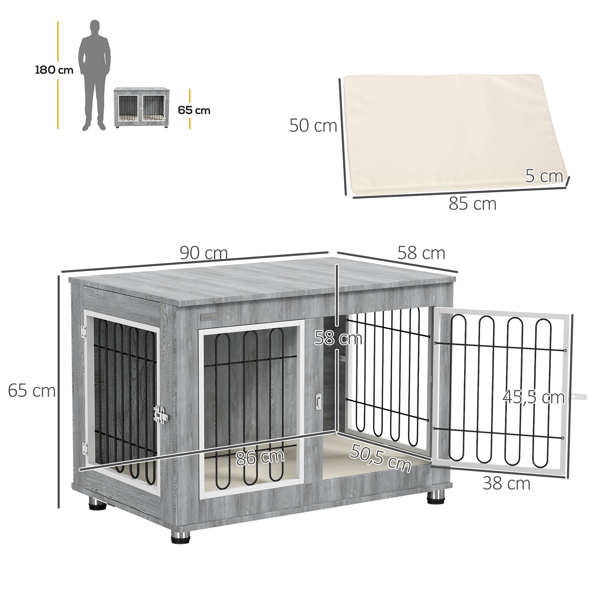 PawHut Cage pour Chien Meuble Cage Chien intérieur Table d'appoint Multi-usages avec Double Porte et Coussin - Niche pour Chien Moyenne et Grande Taille - 90 x 58 x 65 cm, Aspect Gris