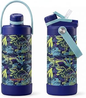 Mommore 12 oz Kids Insulated Water Bottle, 2-in-1 Chug & Straw, | Leakproof & BPA-free, top handle & silicone boot, double-wall insulated for school, sports & travel use