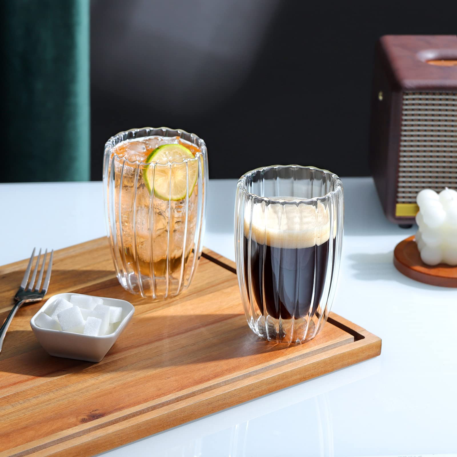 Jayour Doppelwandige Glas-Kaffeetassen – Geriffelt, 425 Ml, 4er-Set, Für Latte & Cappuccino
