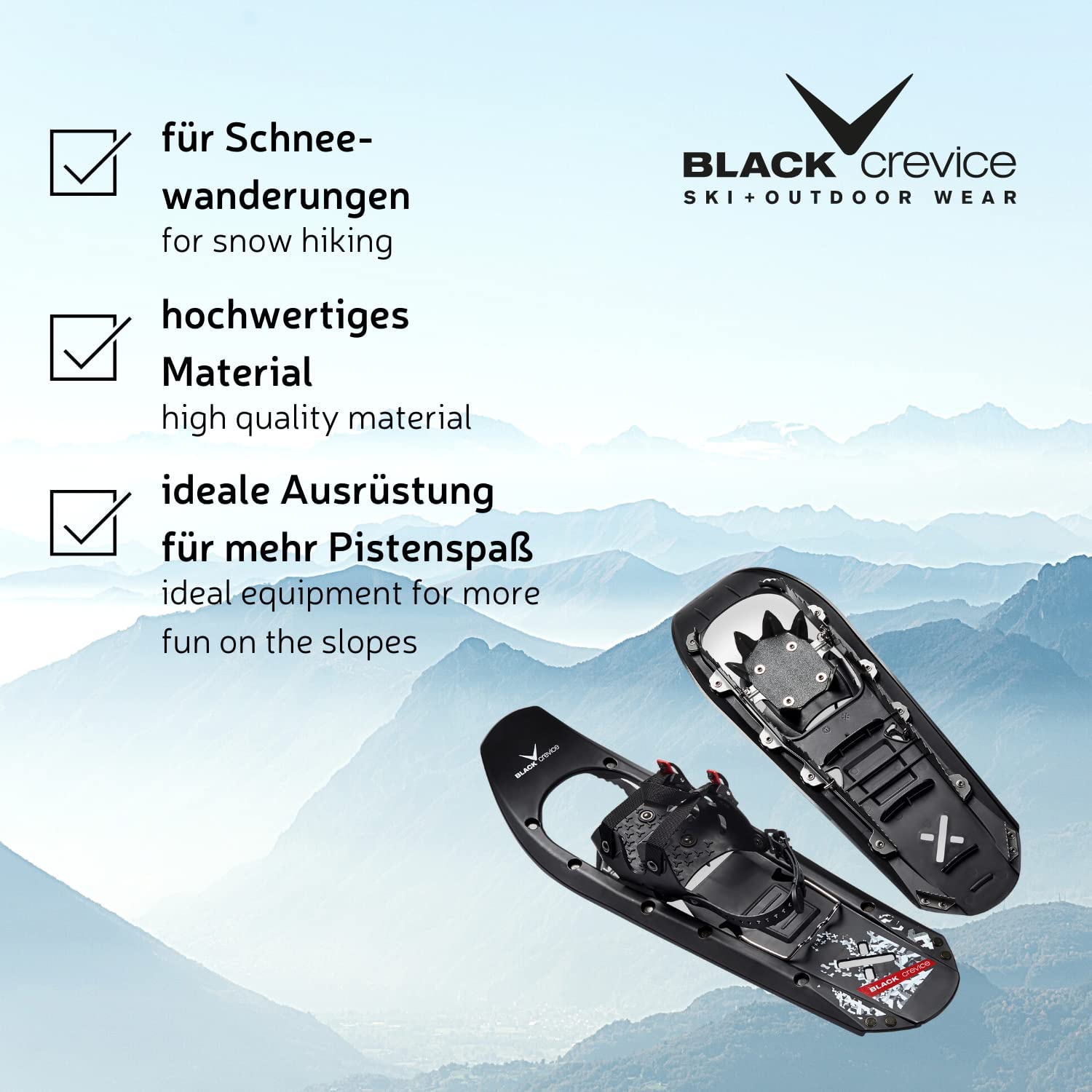 Black Crevice Schneeschuhe Herren & Damen I Schneeschuhe zum Wandern aus leichtem Kunststoff I Schnee-Schuhe für Schuhegröße 36 bis 48 I Zwei versch. Größen für untersch. Tragkraft
