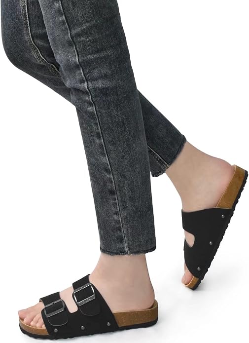 ONCAI Womens Flat Slide Sandals Adjustable metal buckles – flexible suede leather strap with handy adjustable button can adapt to your feet width at ease, providing sufficient support and leaves no chafes against your feet. Breathable sandals slippers keep feet refreshing and comfy.