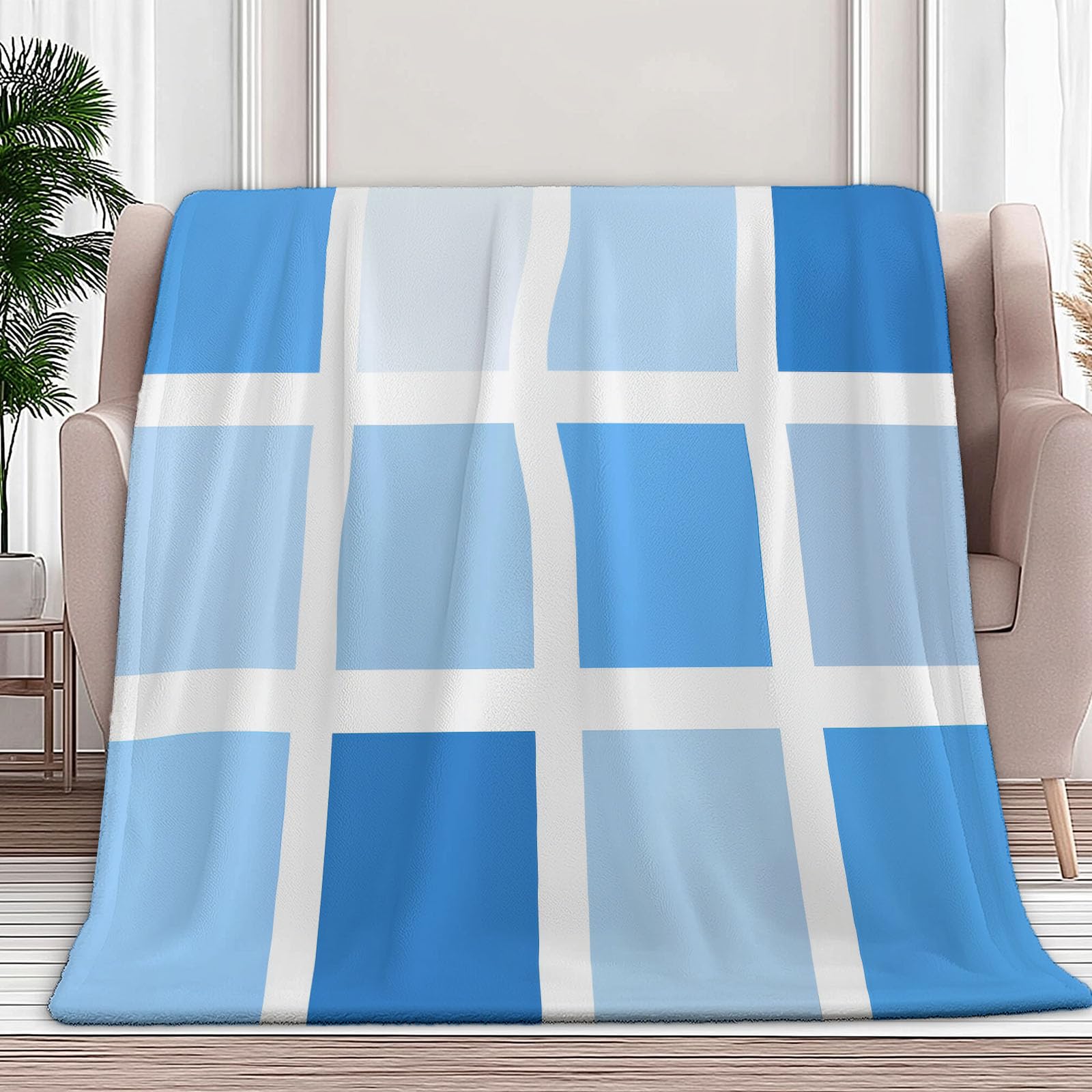 Przytulny koc 150 x 200 cm, geometryczny koc kwadratowy, flanelowy, przytulny, koc na kanapę, ciepły koc do przytulania, na 4 pory roku, lekki koc na sofę, niebieski