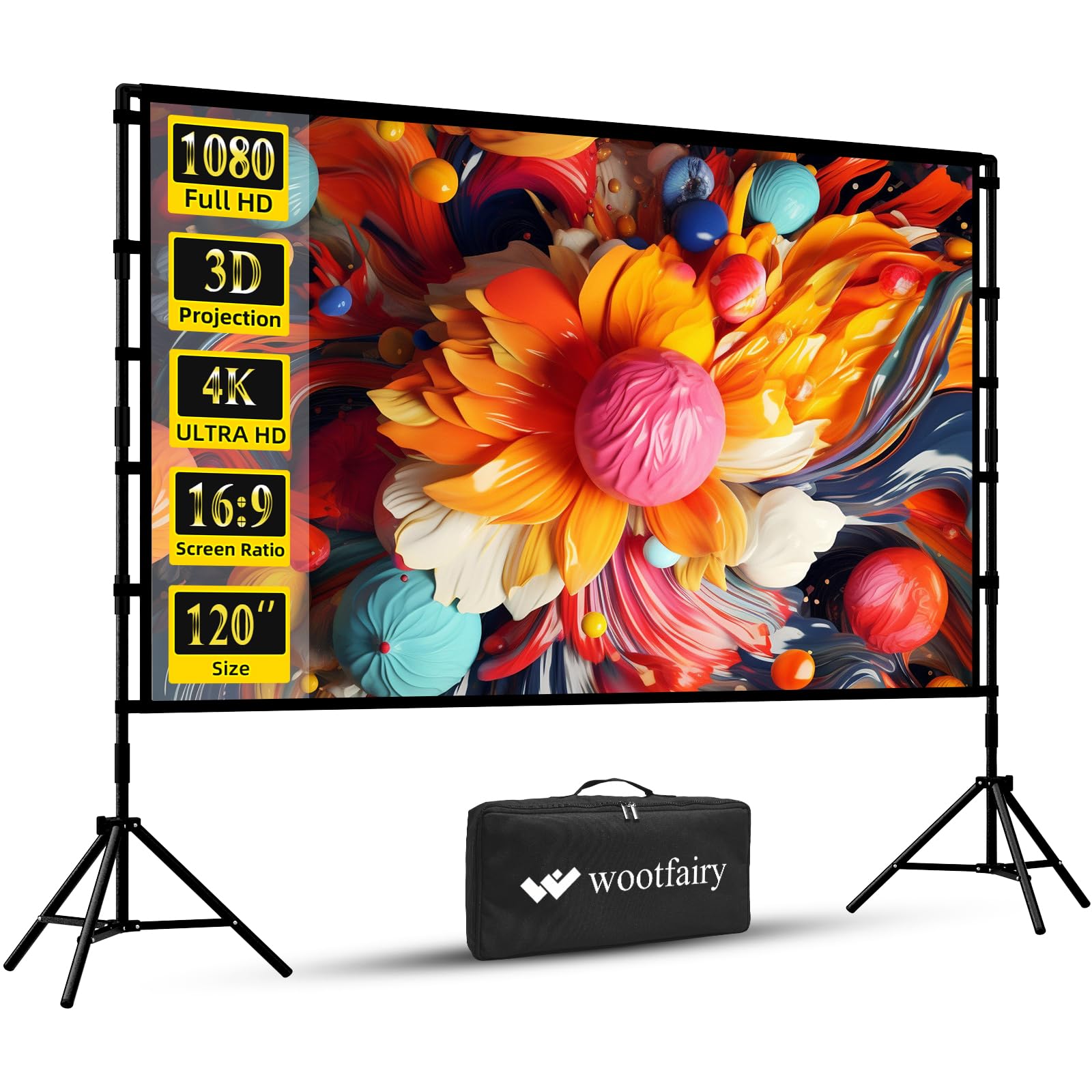 Wootfairy Projector Screen and Stand, 120 inch Foldable and Portable Projection Screen 16:9 4K HD Rear Front Wrinkle-Free Movie Screen with Carry Bag for Indoor Outdoor Home Theater Backyard Cinema