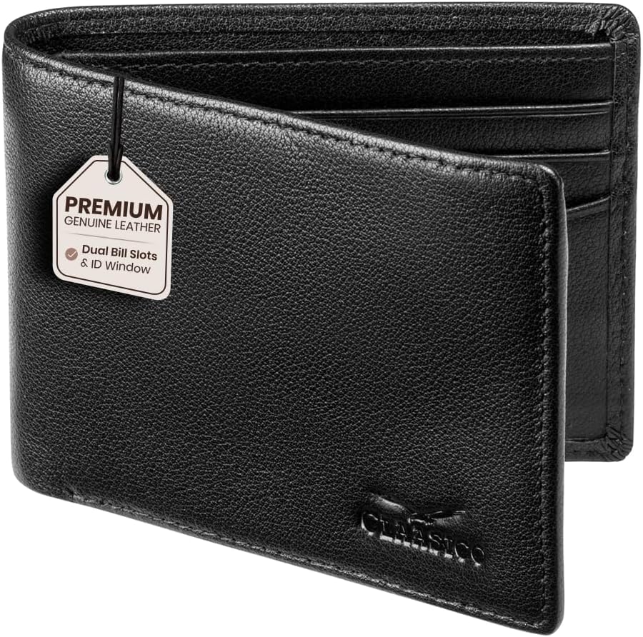 Claasico Mens Leather Bifold Wallet – RFID Blocking, Organized Card Storage with 9 Total Card Slots & ID Window, Everyday Wallet for Men (3.5 x 4.5), Premium Top Grain Leather, Gift Box Included