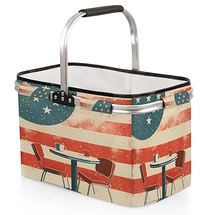 Kizmoglux American Stars Tables Chairs Collapsible Market Basket, Foldable Picnic Basket - Large Shopping Basket with Handles, Portable Folding Bag for Shopping Camping Picnic