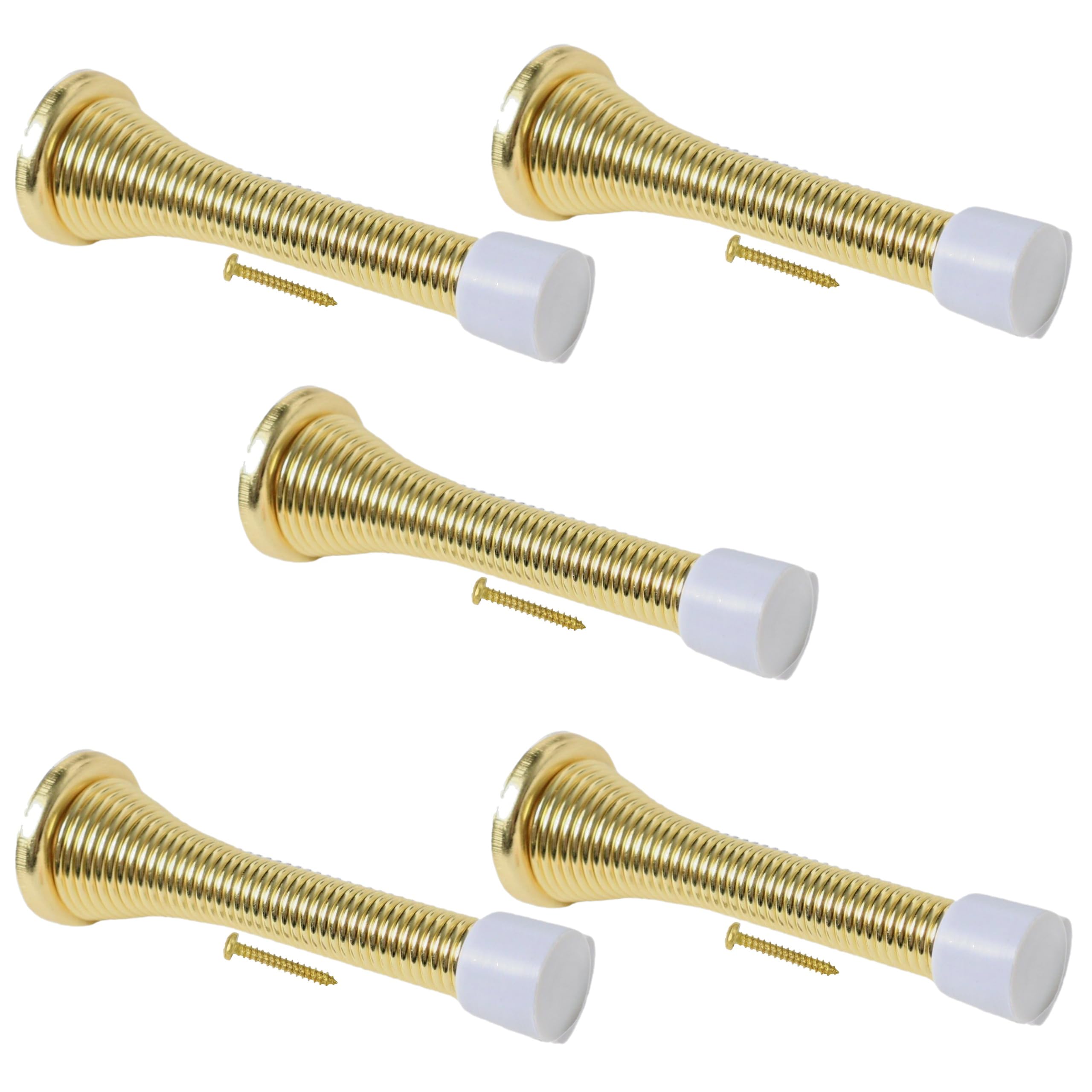 Spring Door Stop Stopper Spring-Aside Doorstop Wall, Skirting or Door Fixings & Screws Pack of 5 Brass Plated