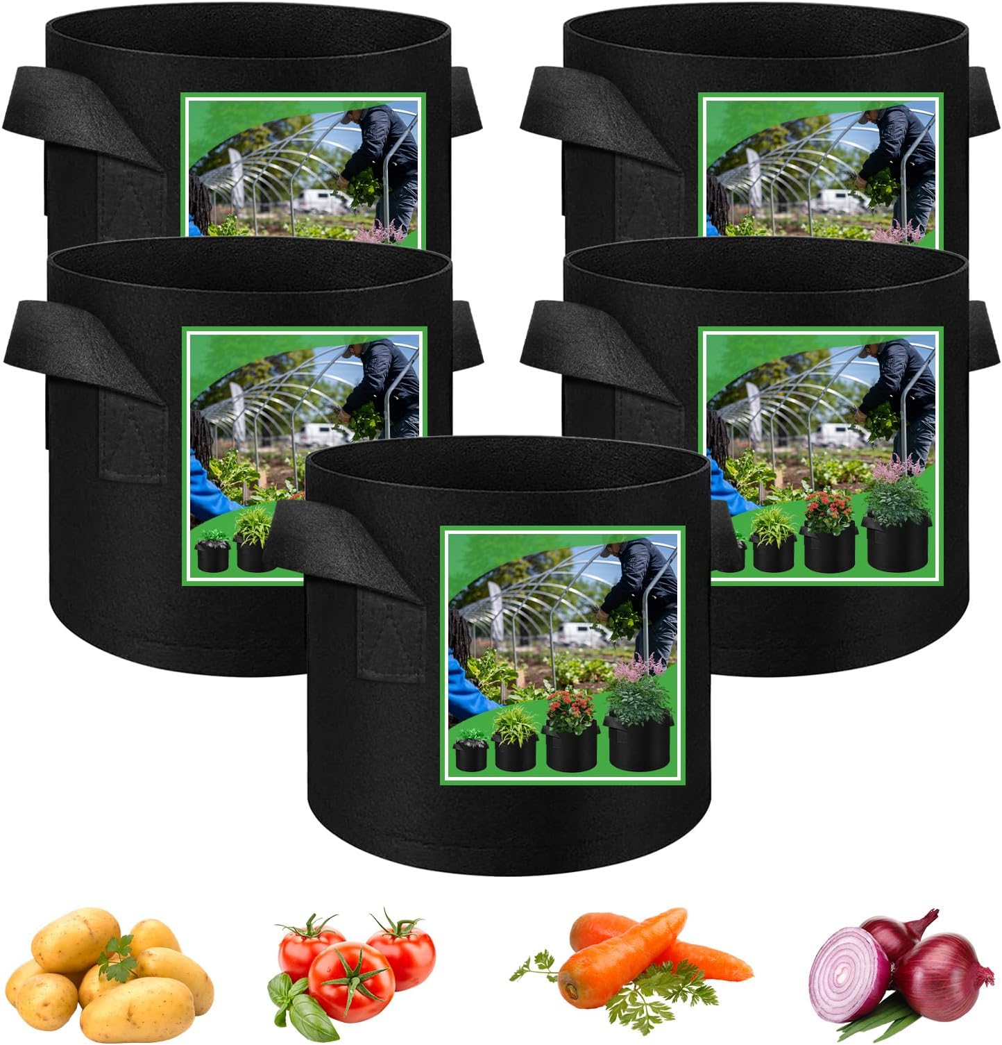 5 Pack Vegetable Grow Bags, Gardening Plant Growing Bags Breathable Non-woven Fabric Plant Pots with Handles Indoor & Outdoor Grow Containers for Vegetable/Flower/Plant/Fruits, 10 Gallon(Black)