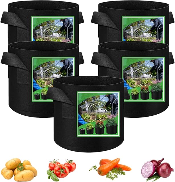 5 Pack Vegetable Grow Bags, Gardening Plant Growing Bags Breathable Non-woven Fabric Plant Pots with Handles Indoor & Outdoor Grow Containers for Vegetable/Flower/Plant/Fruits, 10 Gallon(Black)