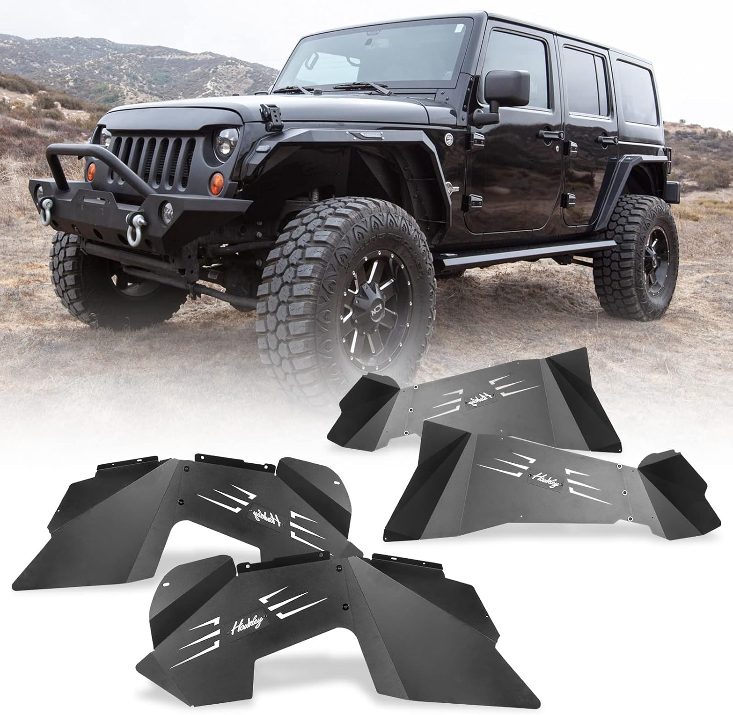 Front and Rear Inner Fender Liners Kit for 2007-2018 Jeep Wrangler JK & Unlimited 2/4 Doors, Offroad Powder Coated Steel Splash Mud Guard Wheel Well Liner Covers - 4PCS Front & Rear Inner Fender Liners