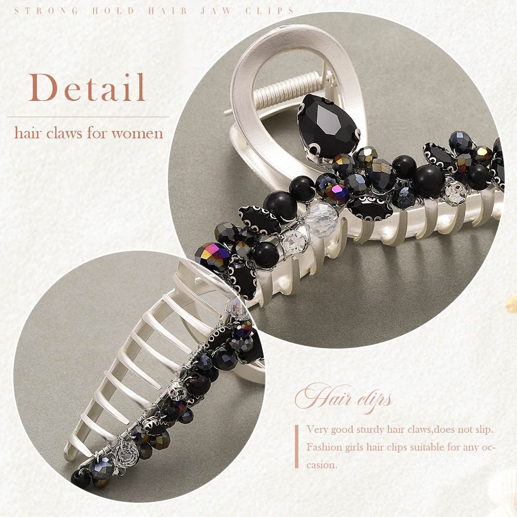 Reaky Rhinestone Hair Claw Clip Silver Metal Claw Clips Large Beaded Hair Jaw Clips Accessories for Women - Image 4