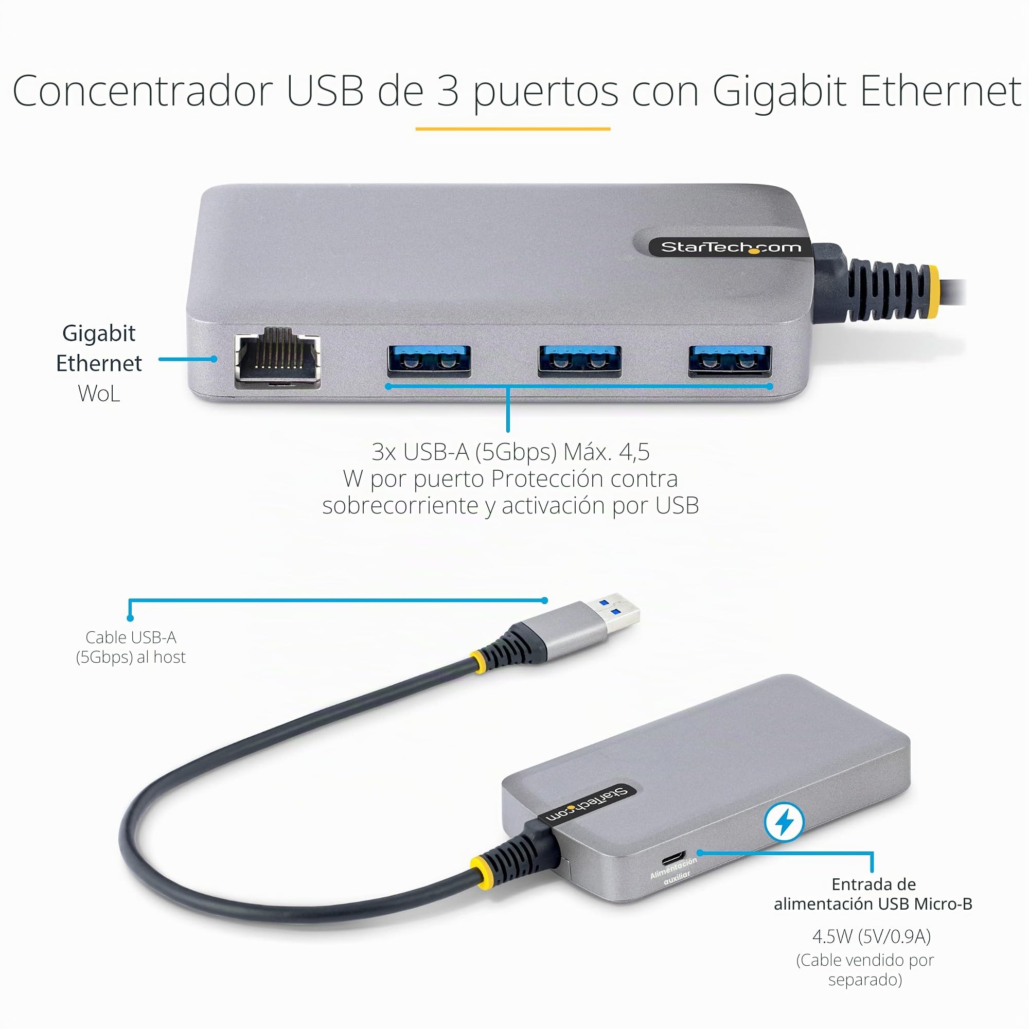 StarTech Hub USB-A 3 Puertos 5Gbps con Ethernet Gigabit RJ45, Cable 30cm | Entrada de alimentación Micro-USB auxiliar de 4, 5W, Compatible con Windows, macOS, Linux, ChromeOS y Android