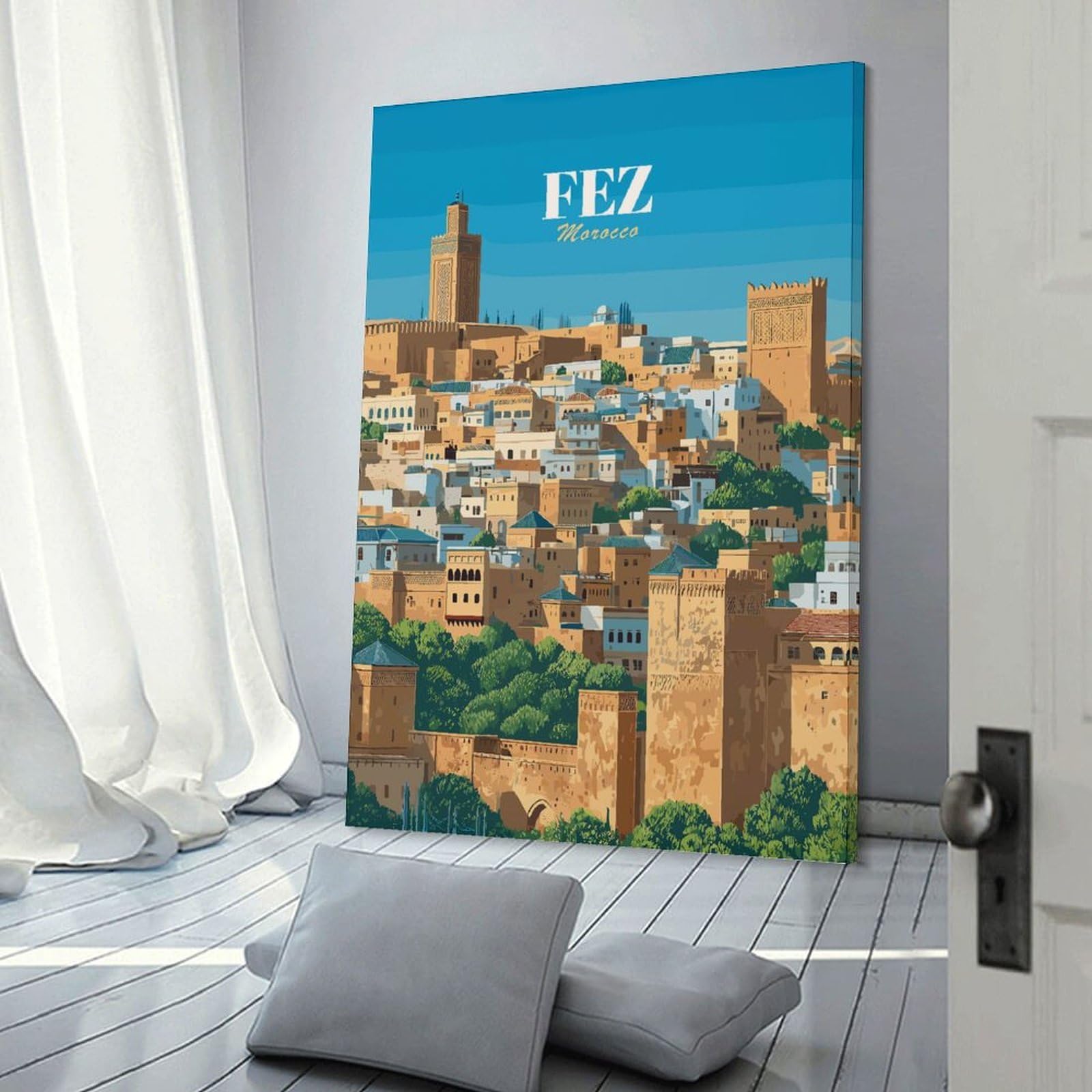 Junmoney Wall Picture Print Fez, Morocco Cityscape Illustration(2), 16x24inch(40x60cm), for Entrance Walls, Hall Decor Or Foyers, A Neat Decor Update for Hallways