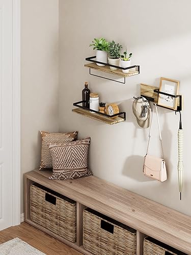 Miniatura 2 de AMADA HOMEFURNISHING AMFS01-1 - Juego de 3 estantes flotantes con ganchos resistentes y toallero, estantes de pared de madera de Paulownia para