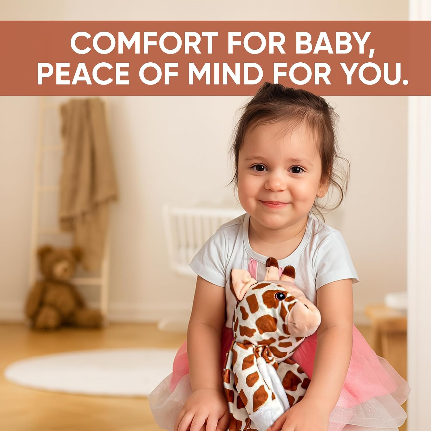 Love By Emi 4 in 1 Baby Lullaby Sleep Soother Toy - Stuffed Animal Sound Machine & Pacifier Holder | Heartbeat White Noise & Music | Plush Giraffe Lovey Sleep Aid Security Blanket (0-3 Years)