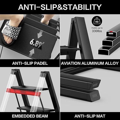 Miniatura 3 de GameGem Escalera de 2 escalones, taburete plegable de aluminio de 2 escalones con pedal antideslizante resistente y ancho, escalera de mano ligera y