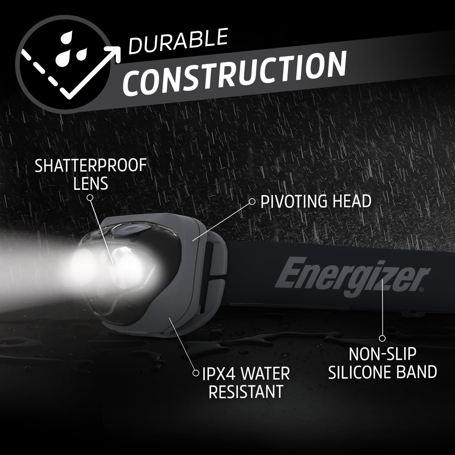 Energizer Vision HD+ 360 Lumen Linterna Frontal LED, Negro Medianoche, Resistente Agua IPX4, Luz LED Brillante, Camping Senderismo Carrera Outdoor Trekking, Pilas Incluidas, Ajustable
