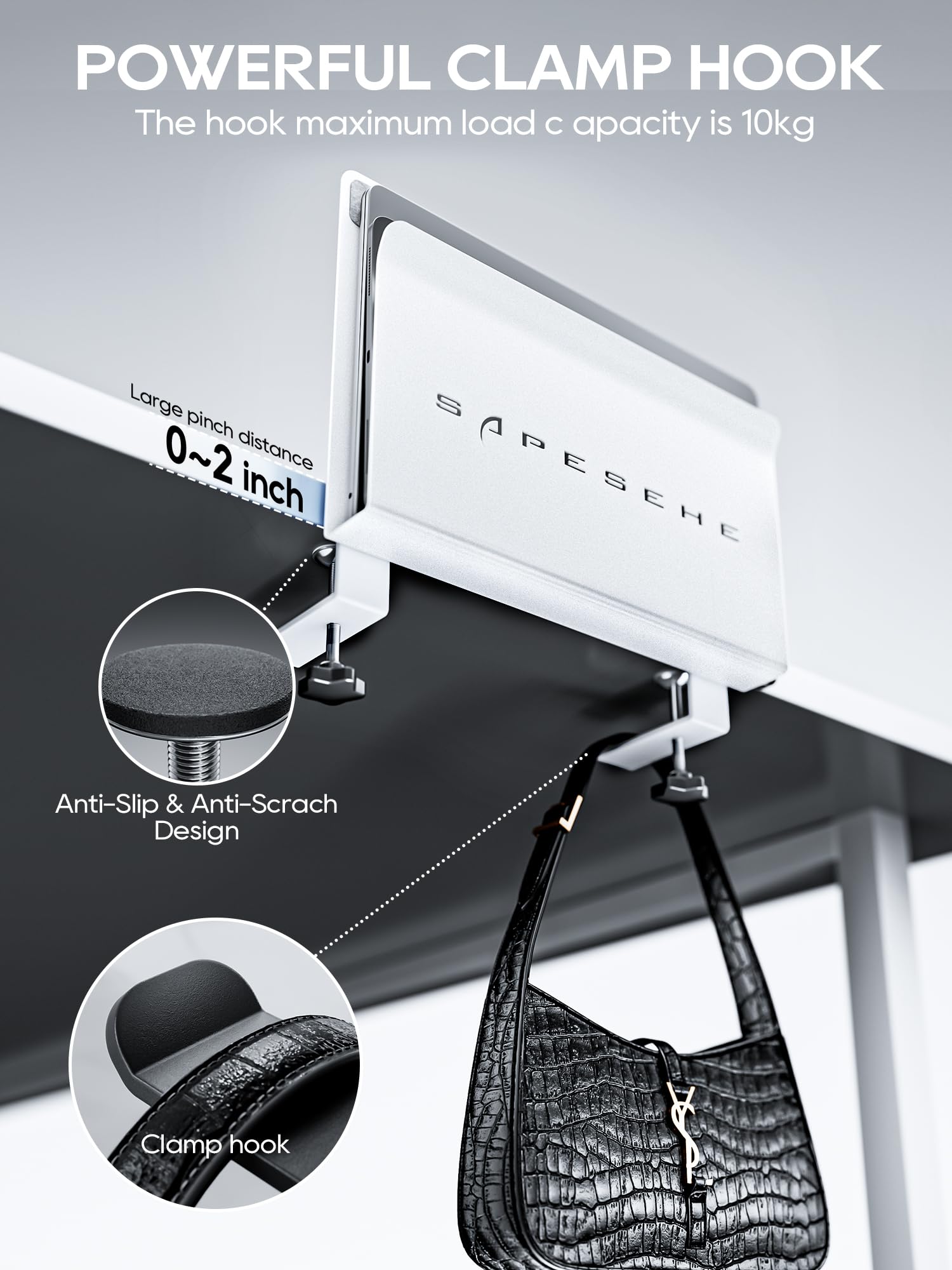 Hanging Desk Organizer, With 2 Under Hooks, Laptop M, White