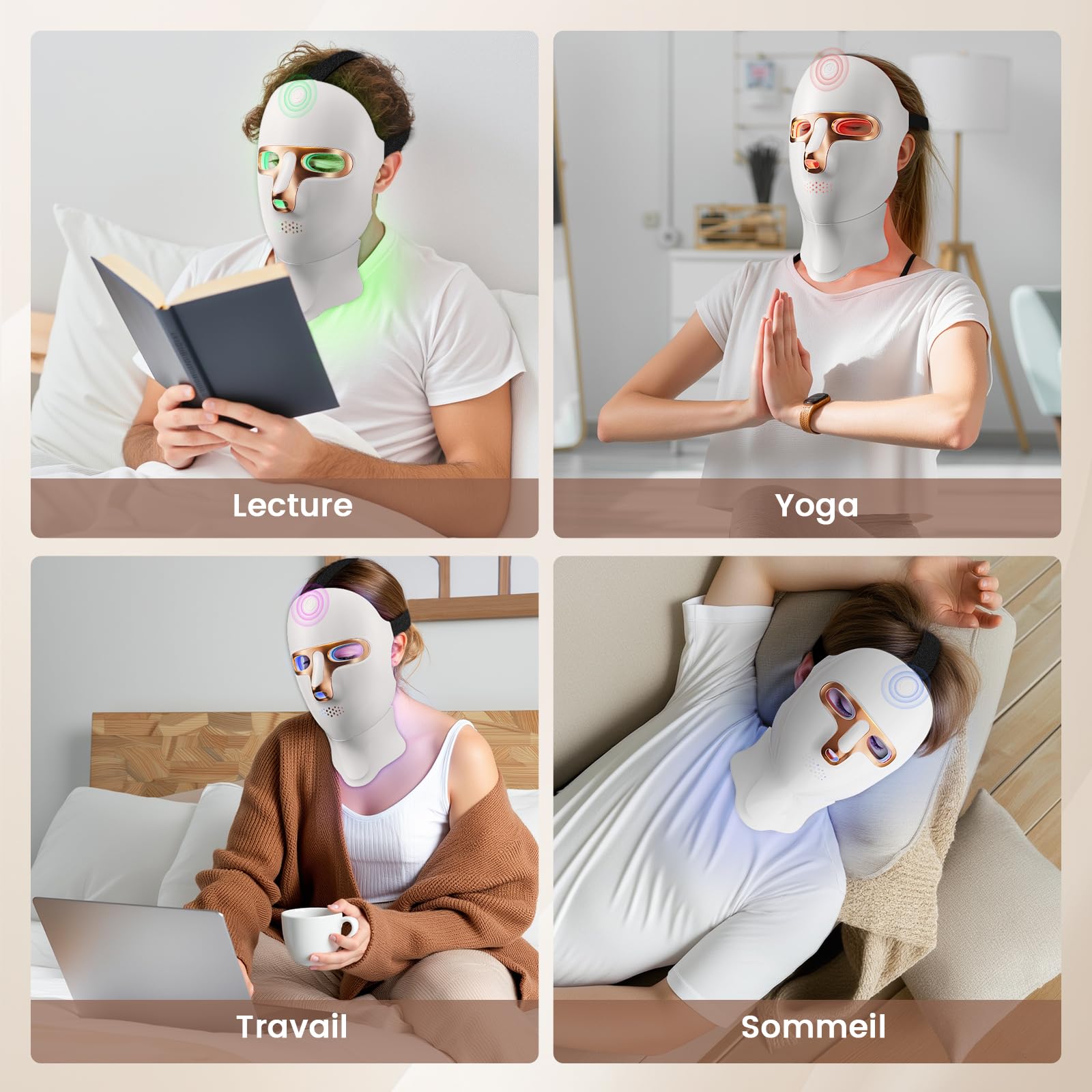 Masque LED Visage Luminothérapie, Masque à Lumière Rouge Rechargeable USB-C, Masque Facial LED pour Soins de la Peau, Maison, Voyage et Yoga(Or) | 7 modes de lumière pour personnaliser vos soins de la peau, design confortable pour la maison, le voyage et