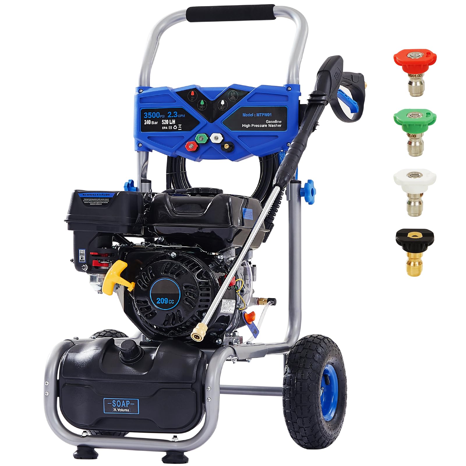 Westinghouse Gas Pressure Washer 3500 PSI, 2.3 GPM Heavy Duty High Power Washer,209CC 7HP Engine with 25Ft Pressure Hose, Axial Aluminum Pump, Soap Tank, 4 Quick Connect Nozzle (Blue)