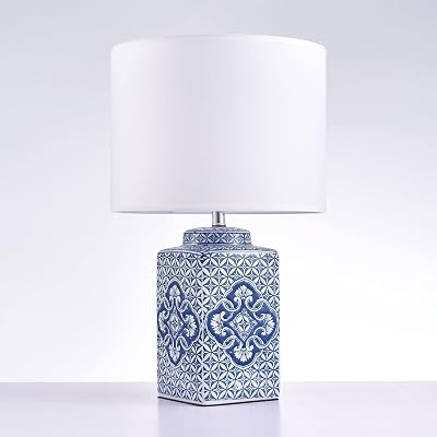 Pasargad Home Margaret Metal & Ceramic Modern Table Lamp, White/Blue with Shade