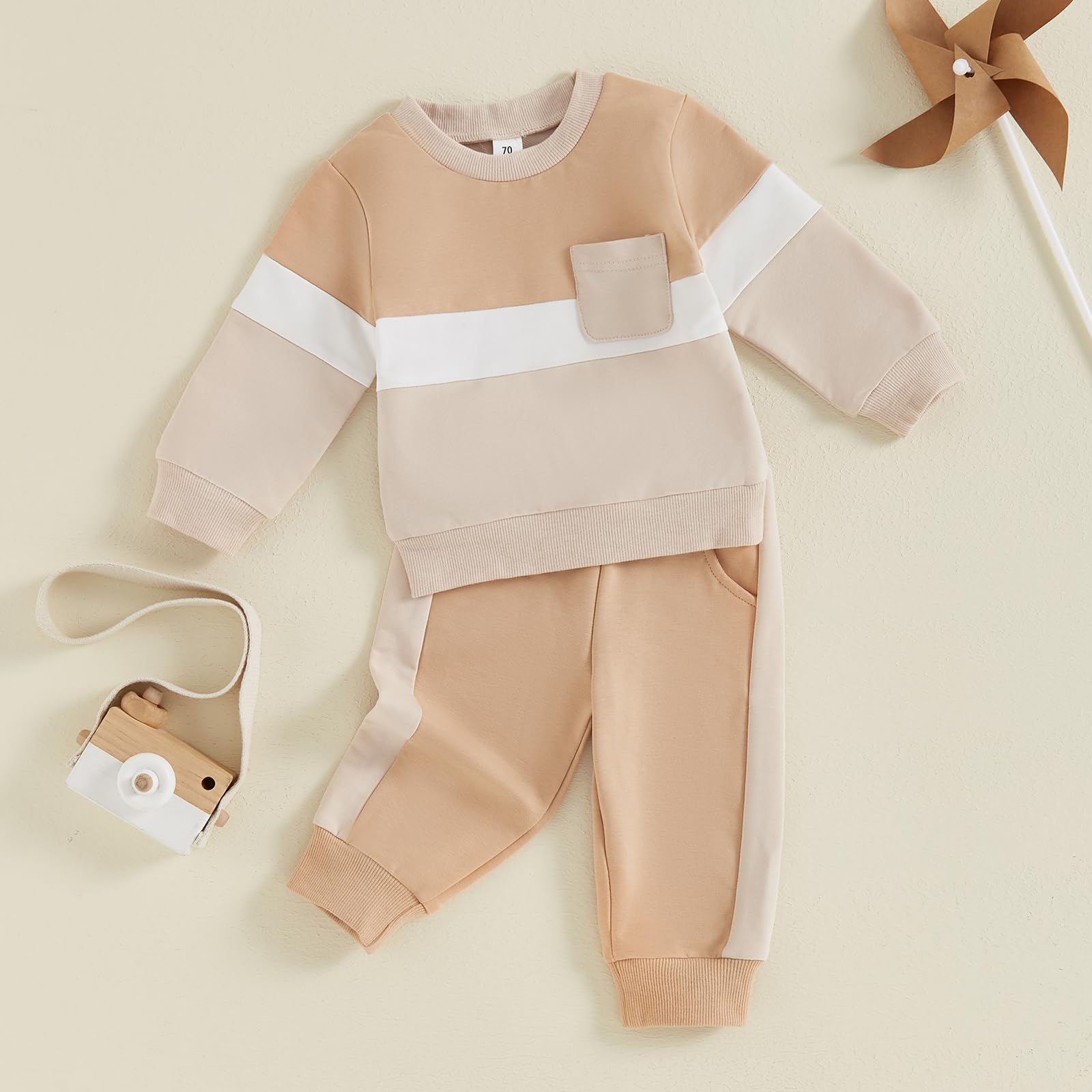 Motlapol Toddler Baby Boy Fall Clothes Color Block Long Sleeve Sweatshirt Tops Solid Color Pants 2Pcs Winter Warm Outfits (Patchwork Khaki, 12-18 Months)