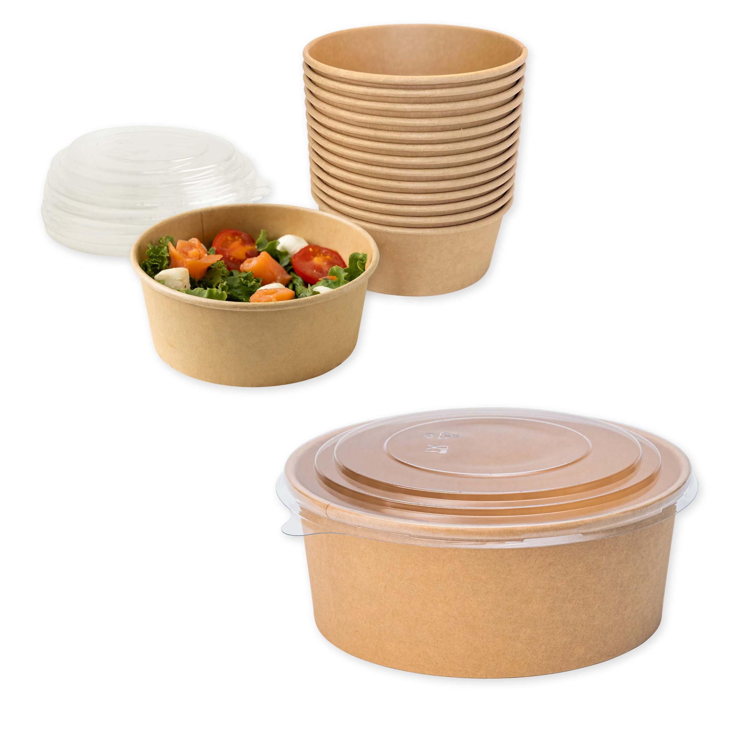 Ensaladeras Redondas de Papel Kraft con Tapa PET 300 unidades 750 ml | Cuencos desechables de cartón kraft con tapa, ideales para ensaladas, sopas, aperitivos y alimentos para llevar