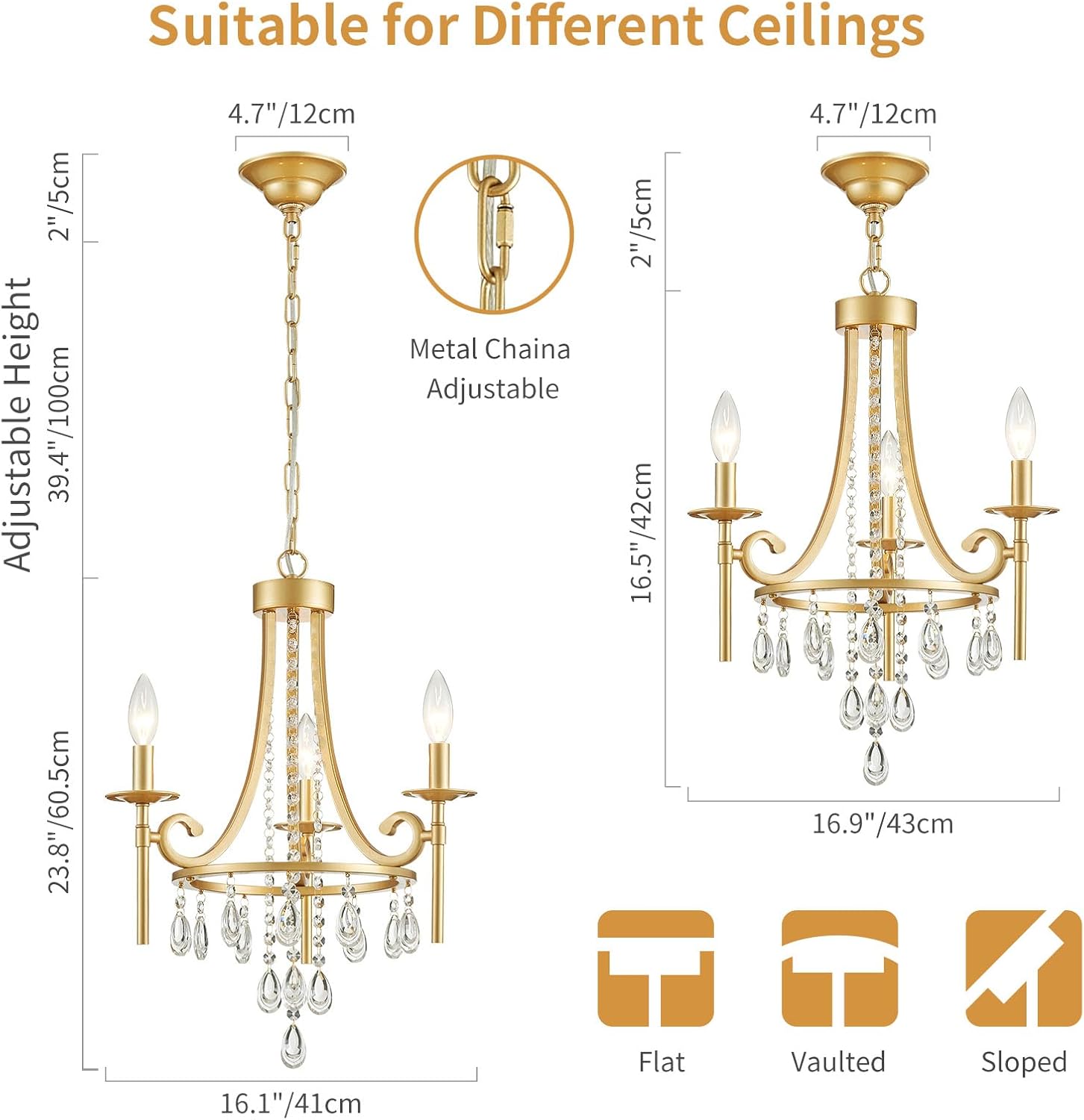 Small Crystal Chandelier, 3-Lights Modern Crystal Chandeliers for Dinning Room, Wagon Wheel Gold Chandelier, Farmhouse Hanging Pendant Light Fixture for Bedroom Hallway Entryway Bar Kitchen Bathroom