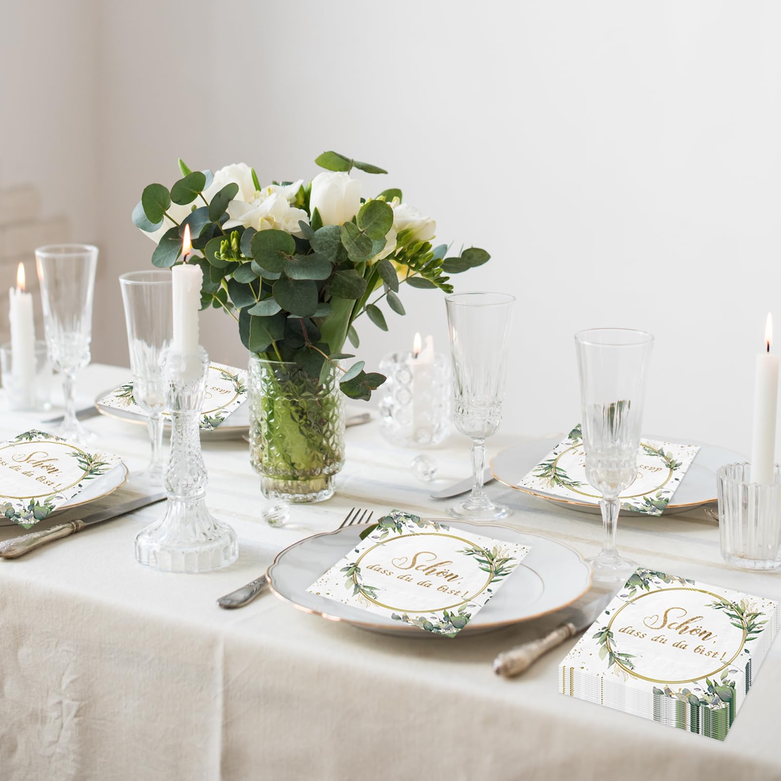 60 Tovaglioli Eucalipto Verdi - 33x33cm Per Matrimoni E Feste - Carta Spessa Assorbente