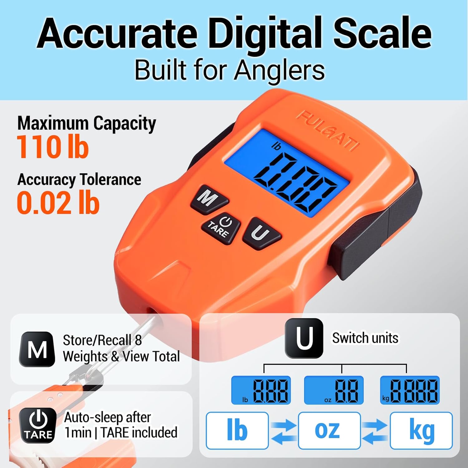 Fish Scale Digital Fishing Scale with Lip Gripper & Replaceable Hook, Auto Unit Recall, 110 lb Capacity, Memory & Total, Multi-Mode lb/oz/kg with LCD Display, Fishing Gift for Men