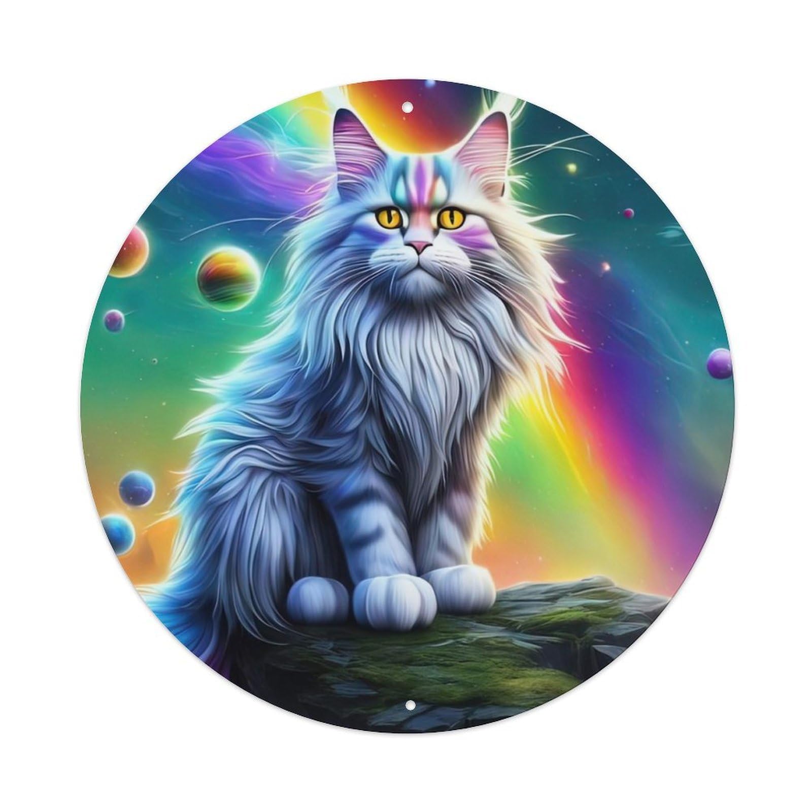 Animal Artwork Kitten Under The Starry Sky Vintage Metal Tin Sign Plaque Wall Decor for Cafe, Club, Garden Round Metal Poster 8x8Inch