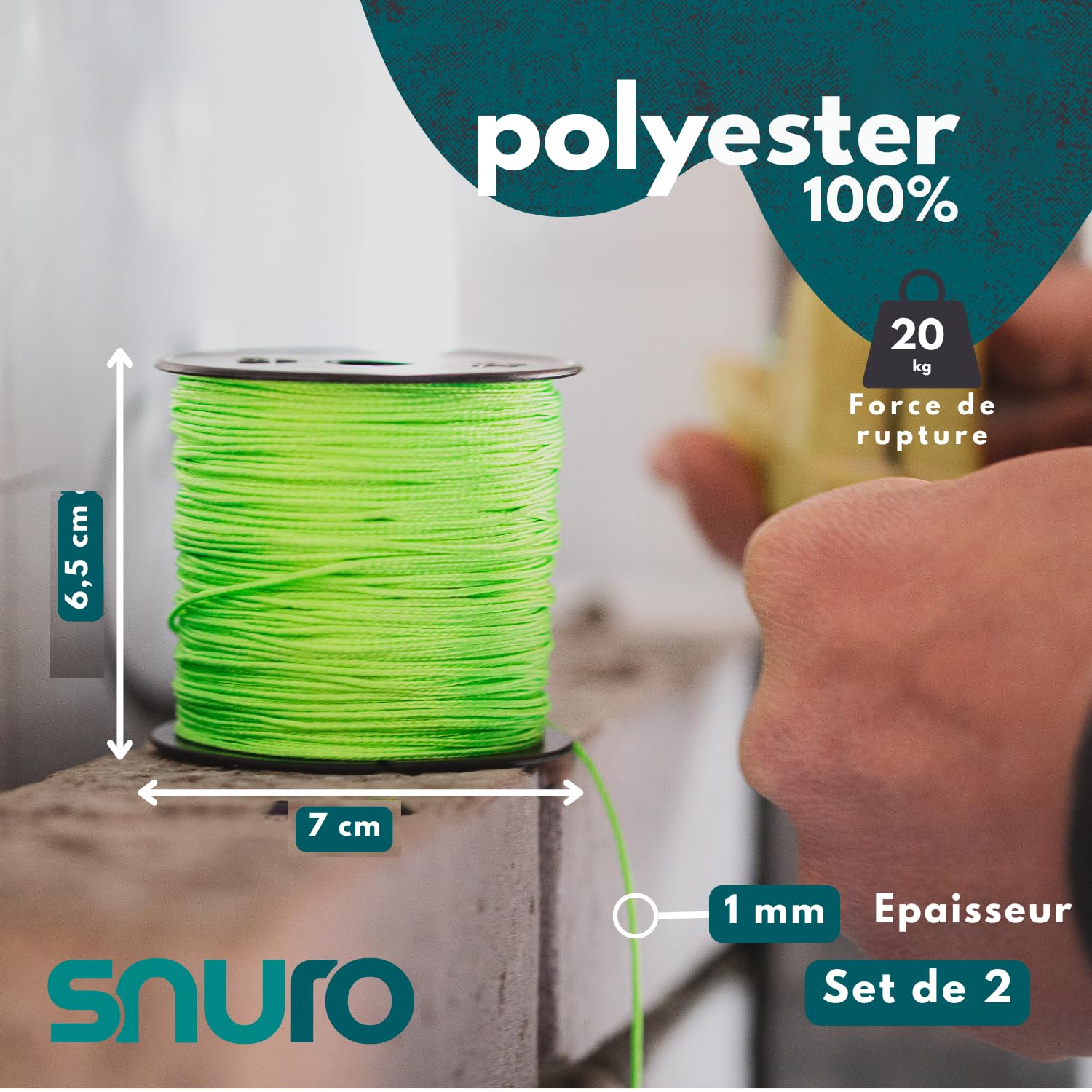 Corde Polyester (1mm, 100M, Vert Fluo, 2pcs) - Corde Fluorescente Verte en Polyester Tressée Robuste pour n'importe Quelle Utilisation - Résistante aux Intempéries - Cordeau de Maçon
