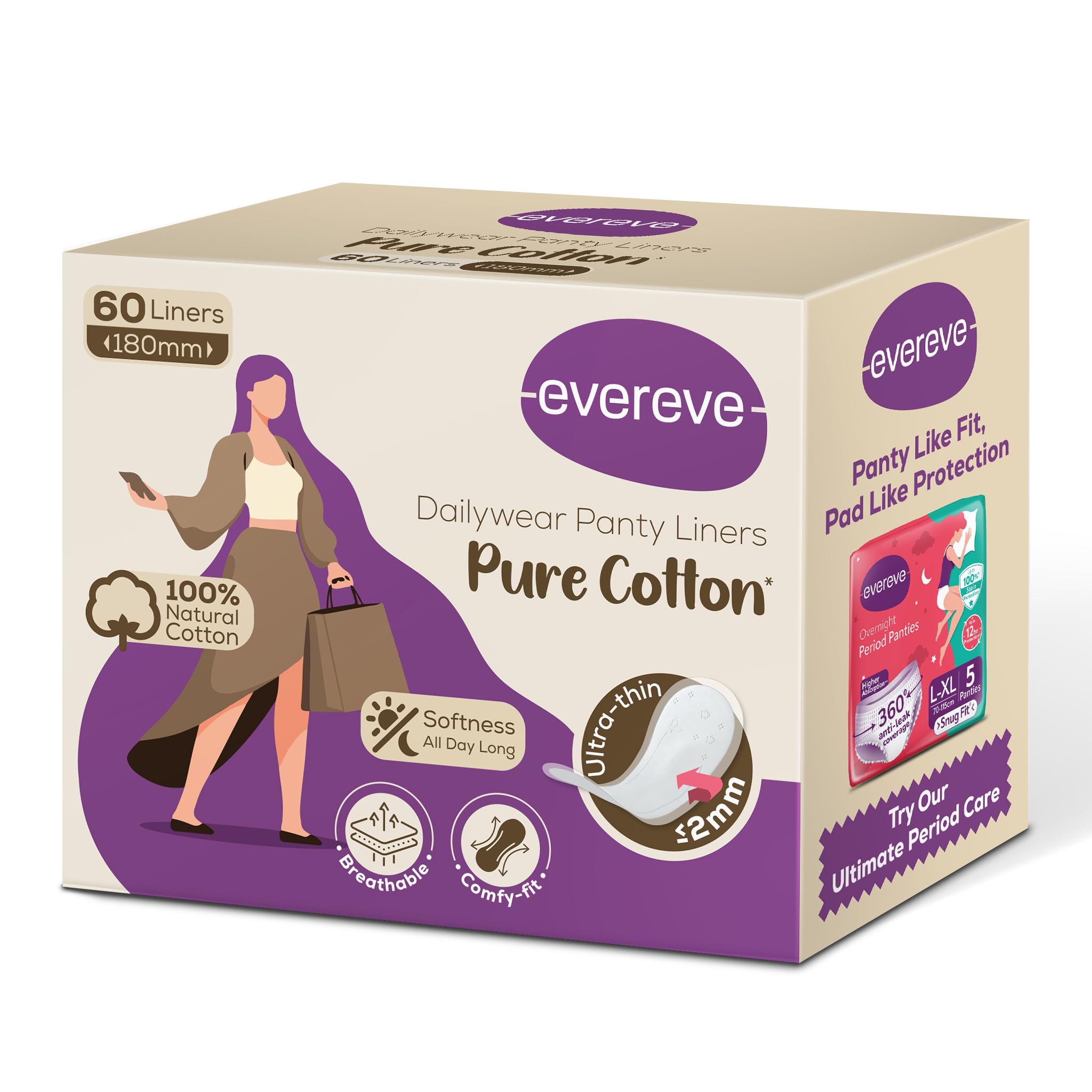 Pure Cotton Panty Liners for Women, 180mm, Pack of 60, Ultra-Soft, Breathable & Rash-Free, Ideal for Daily Discharge, Spotting & Everyday Freshness, All Day Comfort for Non-Period Days