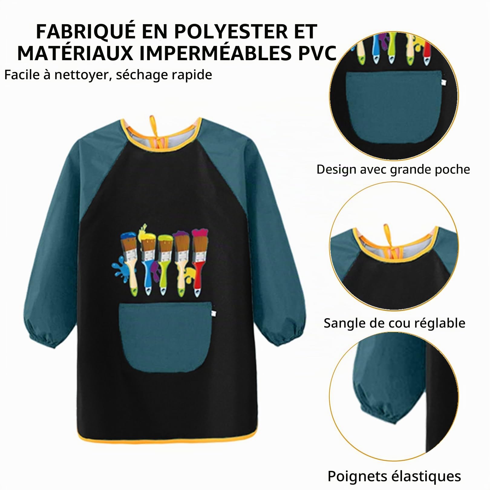 AONEGOLD Tablier de peinture enfant 7‑12 ans à manches longues, blouse imperméable avec grandes poches, pour peinture, cuisine, artisanat, repas et activités scolaires