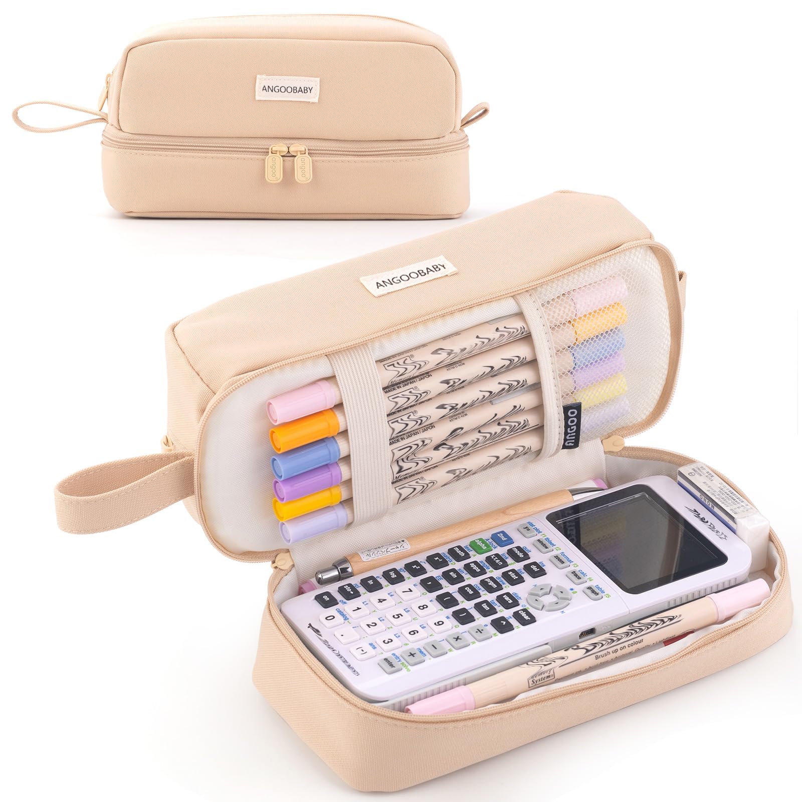 ANGOOBABY Big Capacity Large Pencil Case Canvas Pen Pouch Bag with 2 Compartments for Girls Boys Teen School Students Adults - Khaki