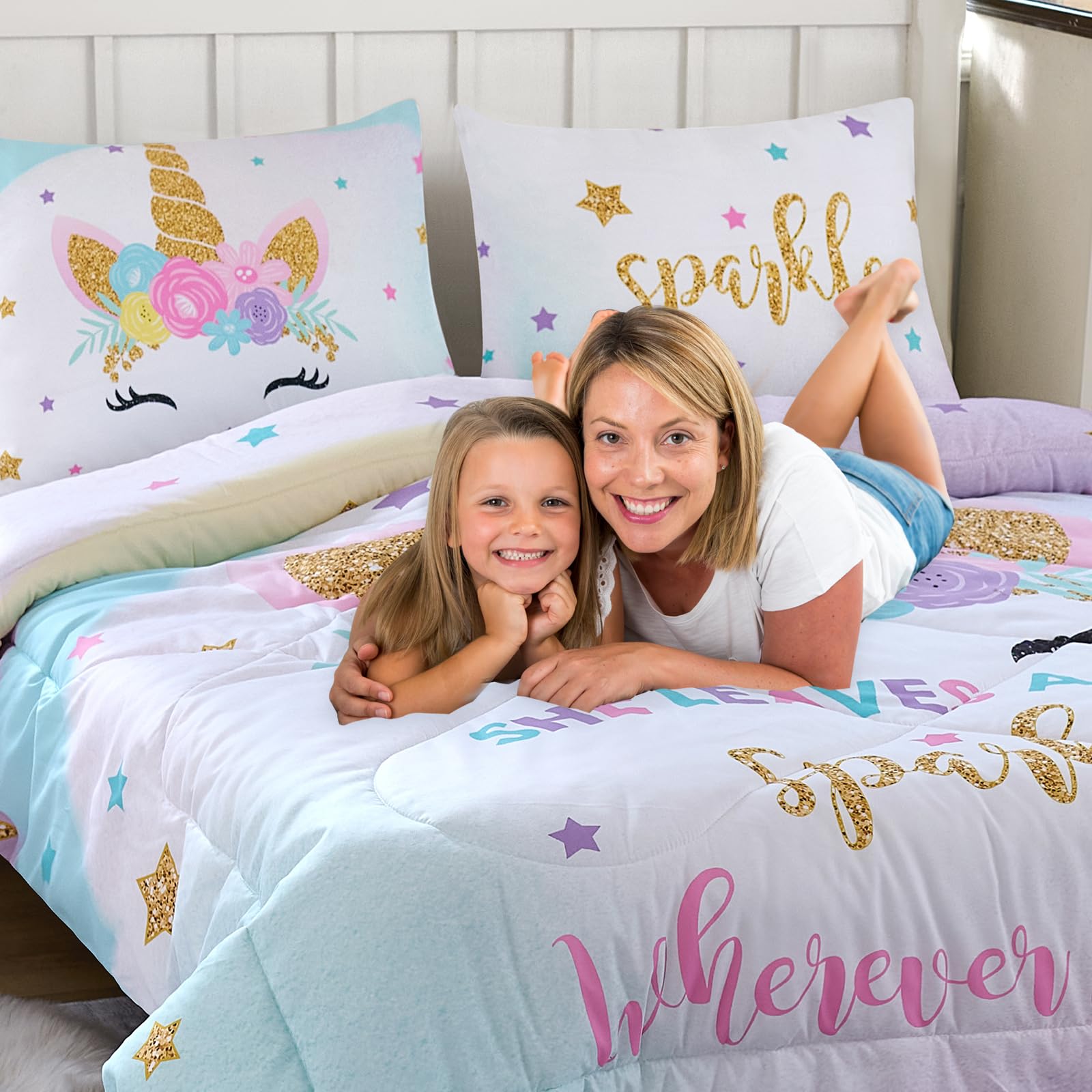 Cokouchyi Pełny zestaw pościeli dla dziewczynek, 5-częściowy zestaw pościeli w torbie, 3D kolorowy jednorożec, ultramiękka i puszysta, kolor różowy i tęczowy