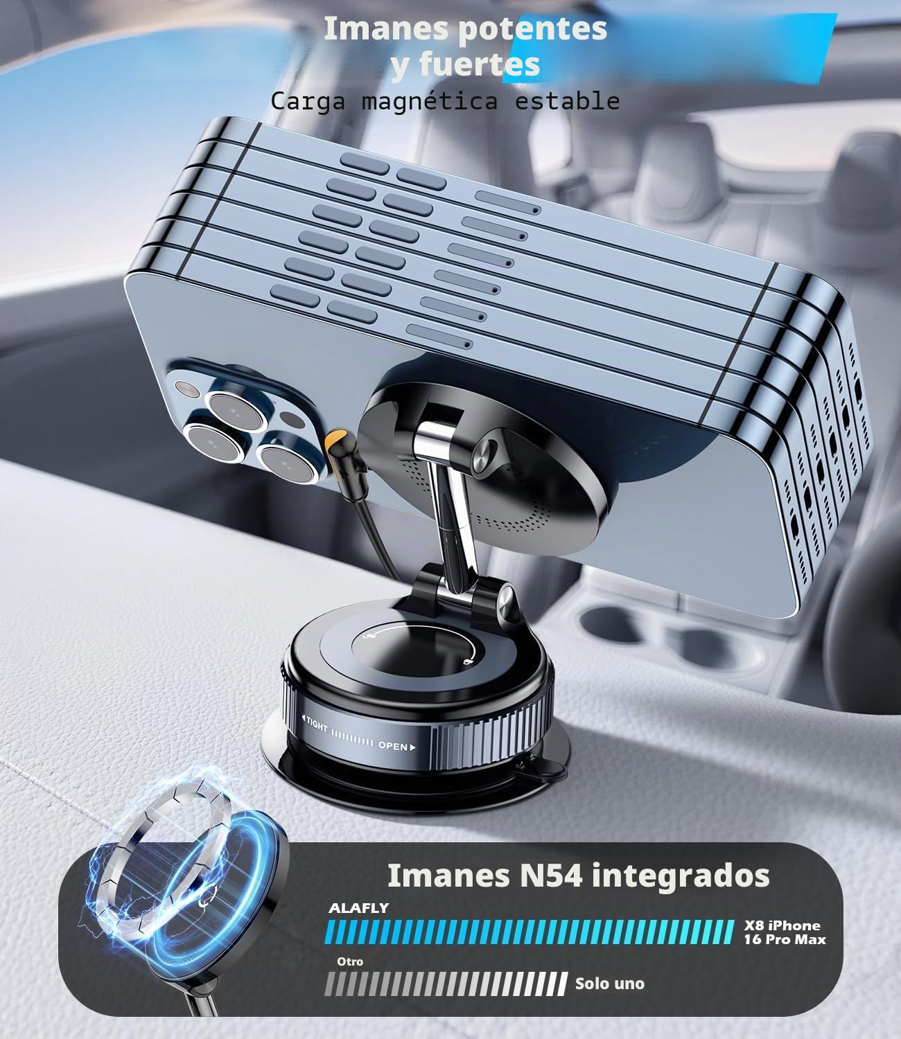 15W Cargador Inalámbrico Soporte Móvil Coche [Ventosa Vacío] [360° Ajustable & Plegable] Carga Rápida Cargador Coche MagSafe para iPhone 17/16/15/14/13/12 Series