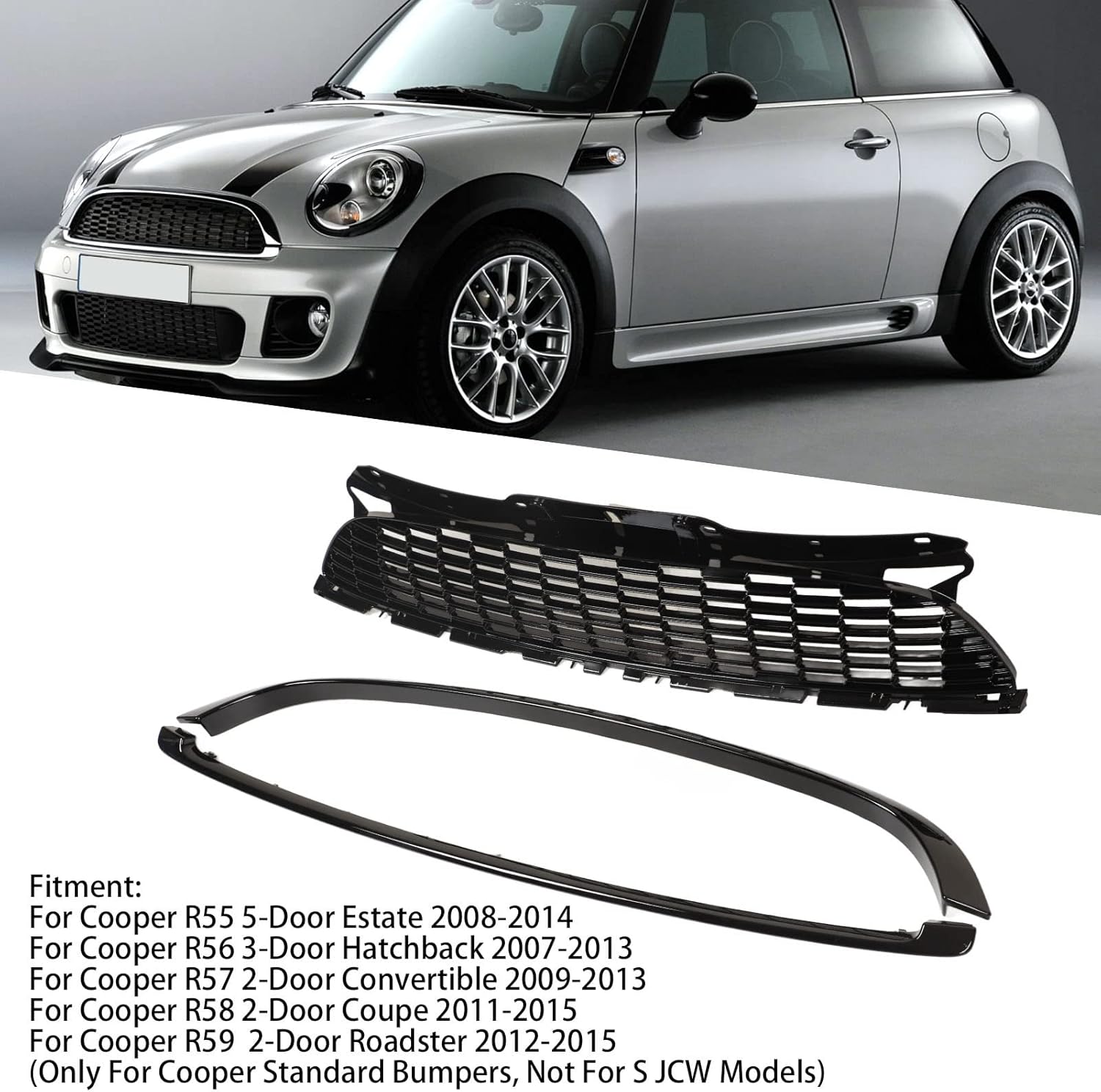 Front Bumper Grille, Gloss Black Mesh Grille Front Grill Cover Trim Kits for R55 R56 R57 R58 R59 Standard, Front Hood Grille Surround Cover