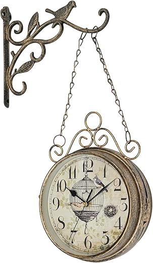 Vintage Double Sided Wall Clock – Decorative photo Vintage Double Sided Wall Clock – Decorative Silent Hanging Clock with Ornate Bracket (Bronze)