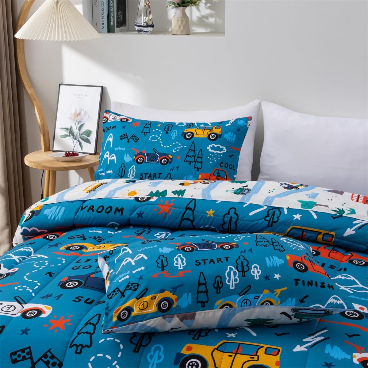 NTBED 5 Pieces Racing Cars Comforter Set Twin for Boys Kids Bed in a Bag Vehicles Transportation Lightweight Microfiber Bedding Sets,Blue - Image 4