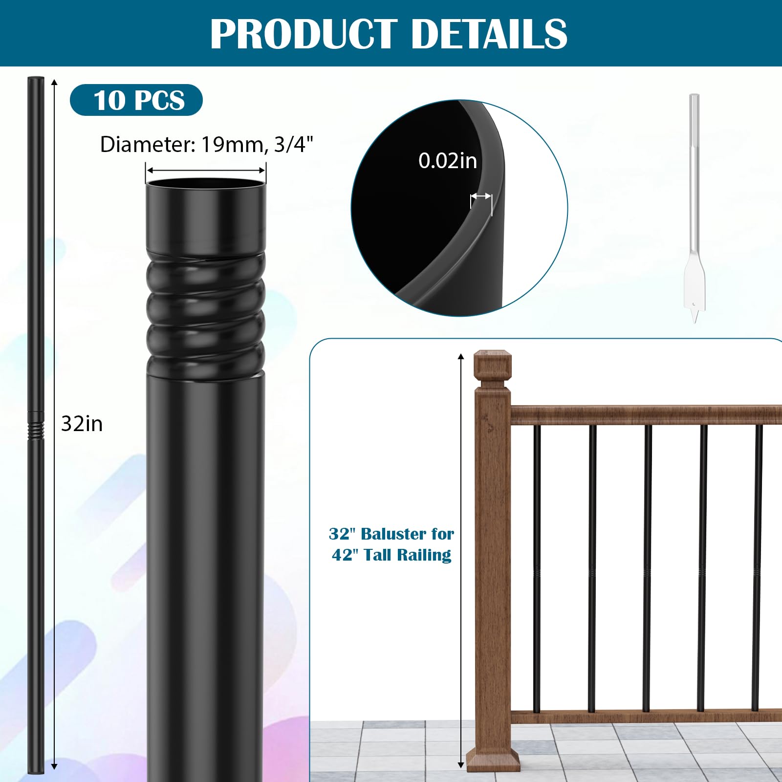 Muzata 50Pack 32" Aluminum Deck Balusters Round Black Deck Railing 437920 600