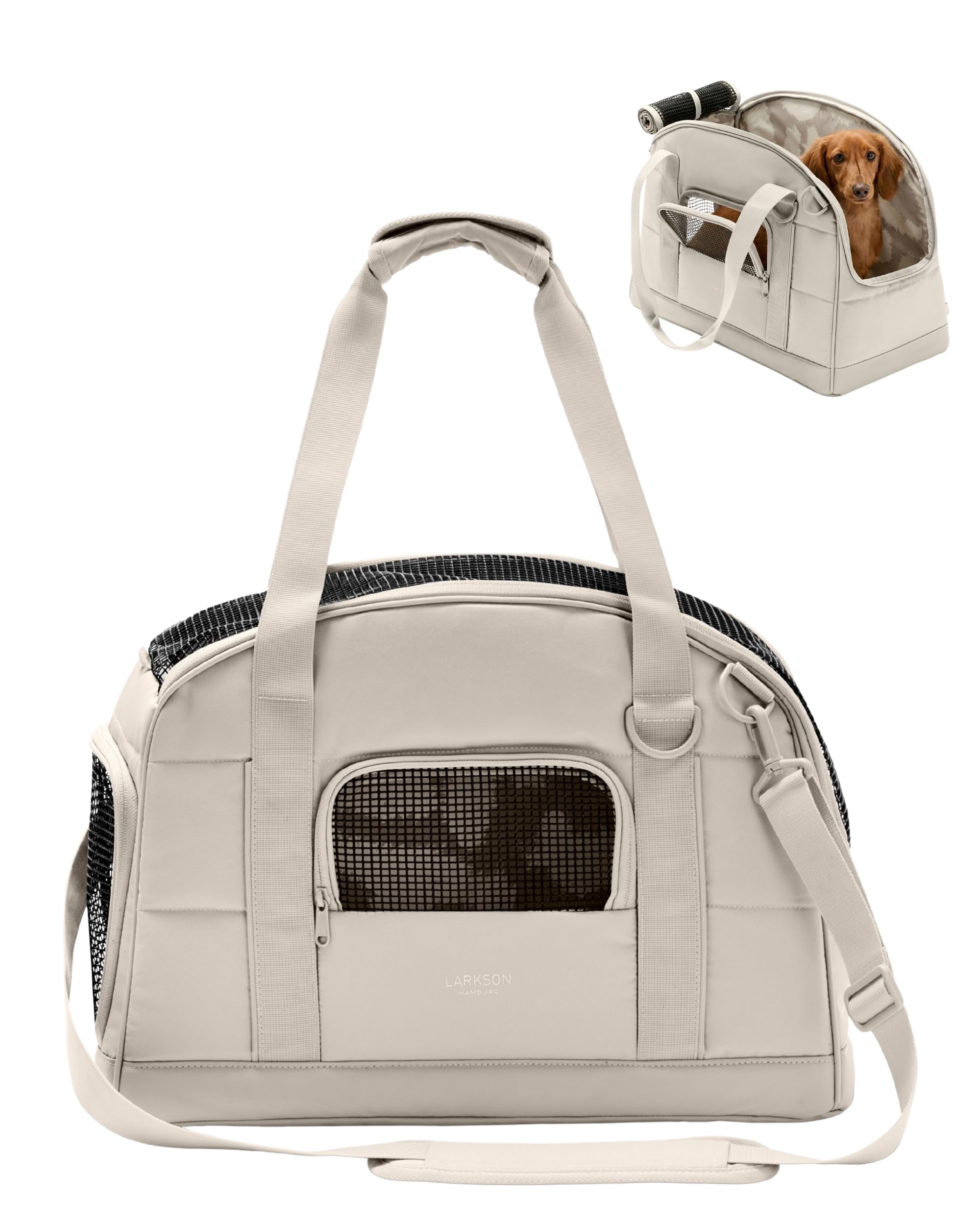 Larkson Hundetransportbox für Kleine Hunde bis 12kg Beige - Tjark - Hundetasche fürs Flugzeug - Transporttasche für Reisen mit Hund & Katze - Entspricht Vorgaben der meisten Airlines