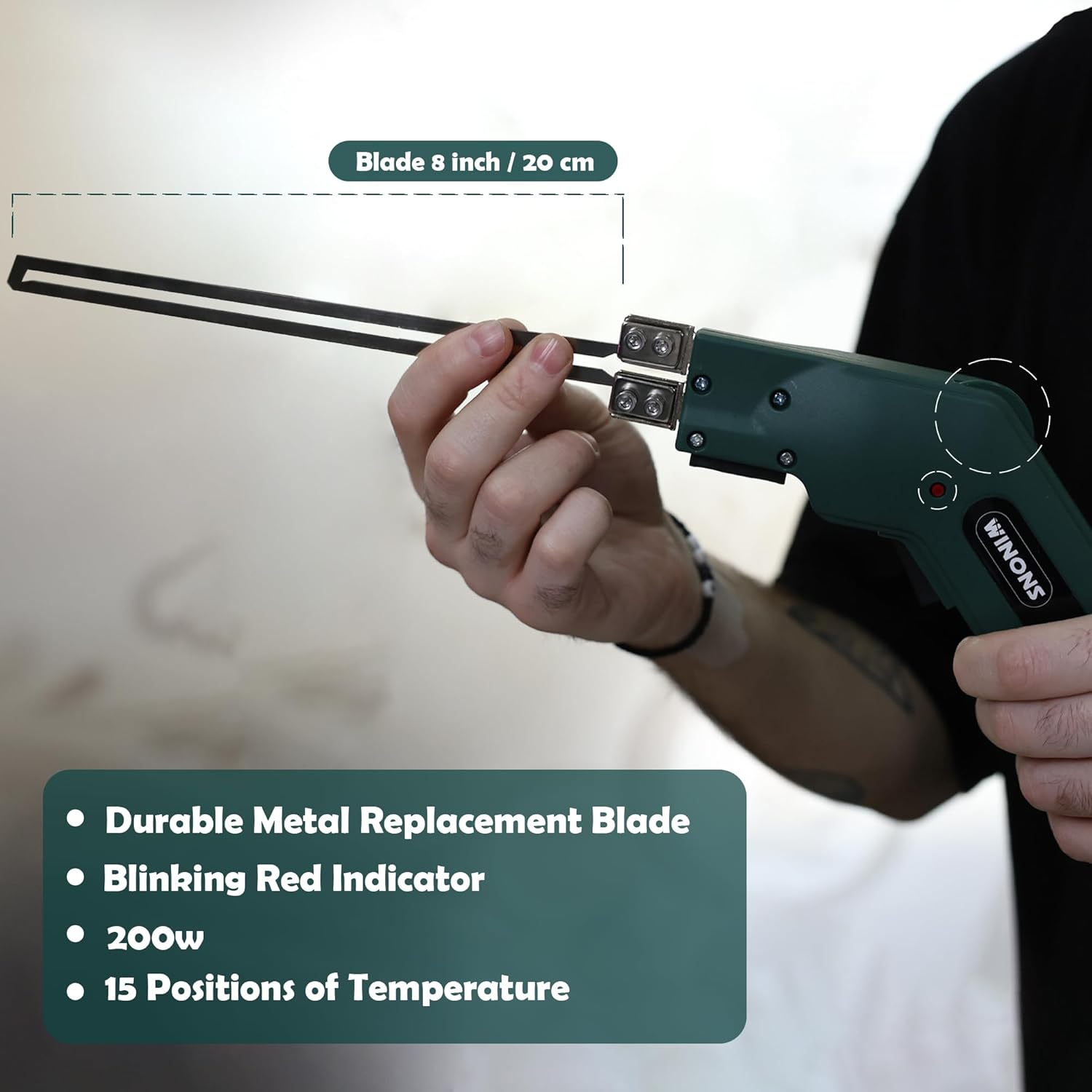 WINONS Hot Knife Foam Cutter with 8-inch blade and temperature control details