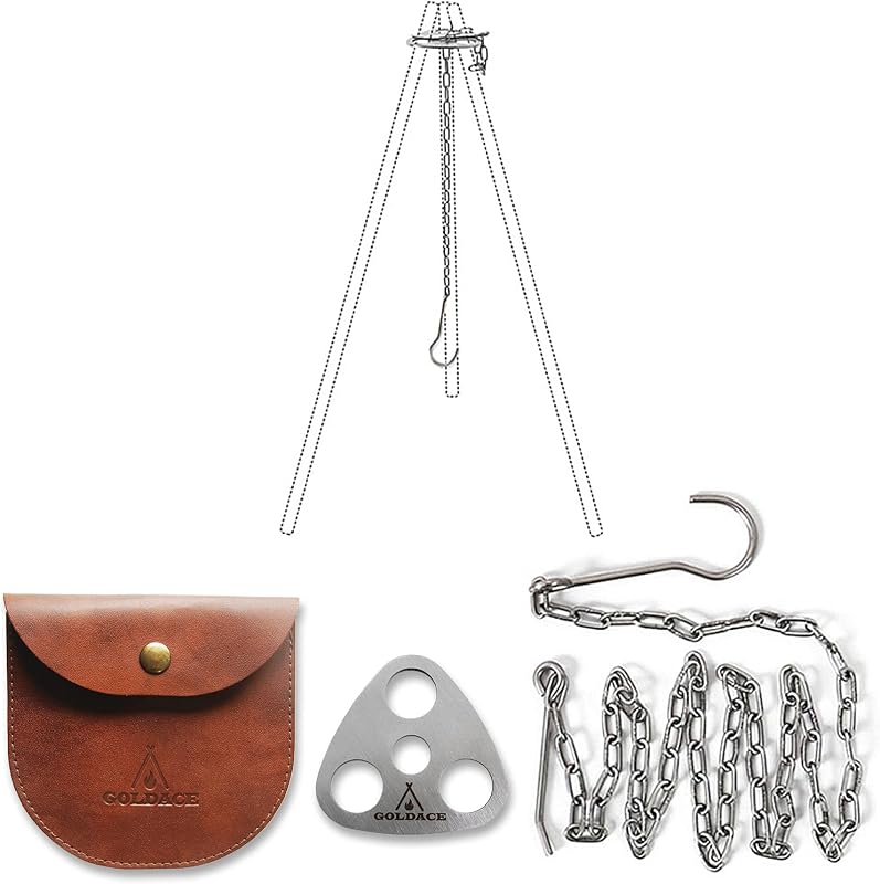 Equipo y equipo de camping de acero inoxidable - Juego de accesorios de cocina para fogatas - Utensilios de cocina redondos portátiles irradiados - Utensilios de cocina para acampar con horno holandés - Cocción con trípode para campamento al aire libre, Plata