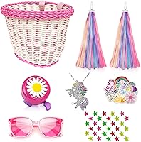 Vista 10 de Cesta de bicicleta para manillar para niñas con collar de unicornio, campana, serpentinas, cuentas de rueda, lentes de sol, calcomanías, juego