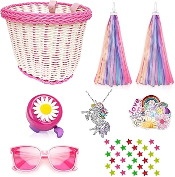 Kids Handlebar Bicycle Basket for Girls With Unicorn Necklace, Bell, Streamers, Wheel Bead, Sunglasses, Stickers - Bike Decoration Accessories Set