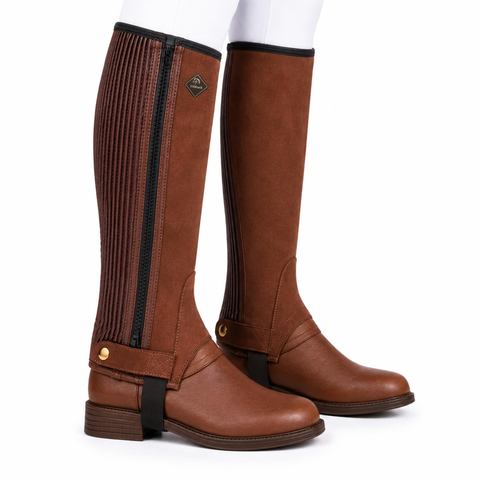 THKtack Suede Leather Half Chaps for Horse Riding | Elasticated Stretch Panel, Heavy-Duty Zip Closure | Equestrian Riding Gaiters Calf Fit | Riding Protection Chaps Black & brown (Brown, L)