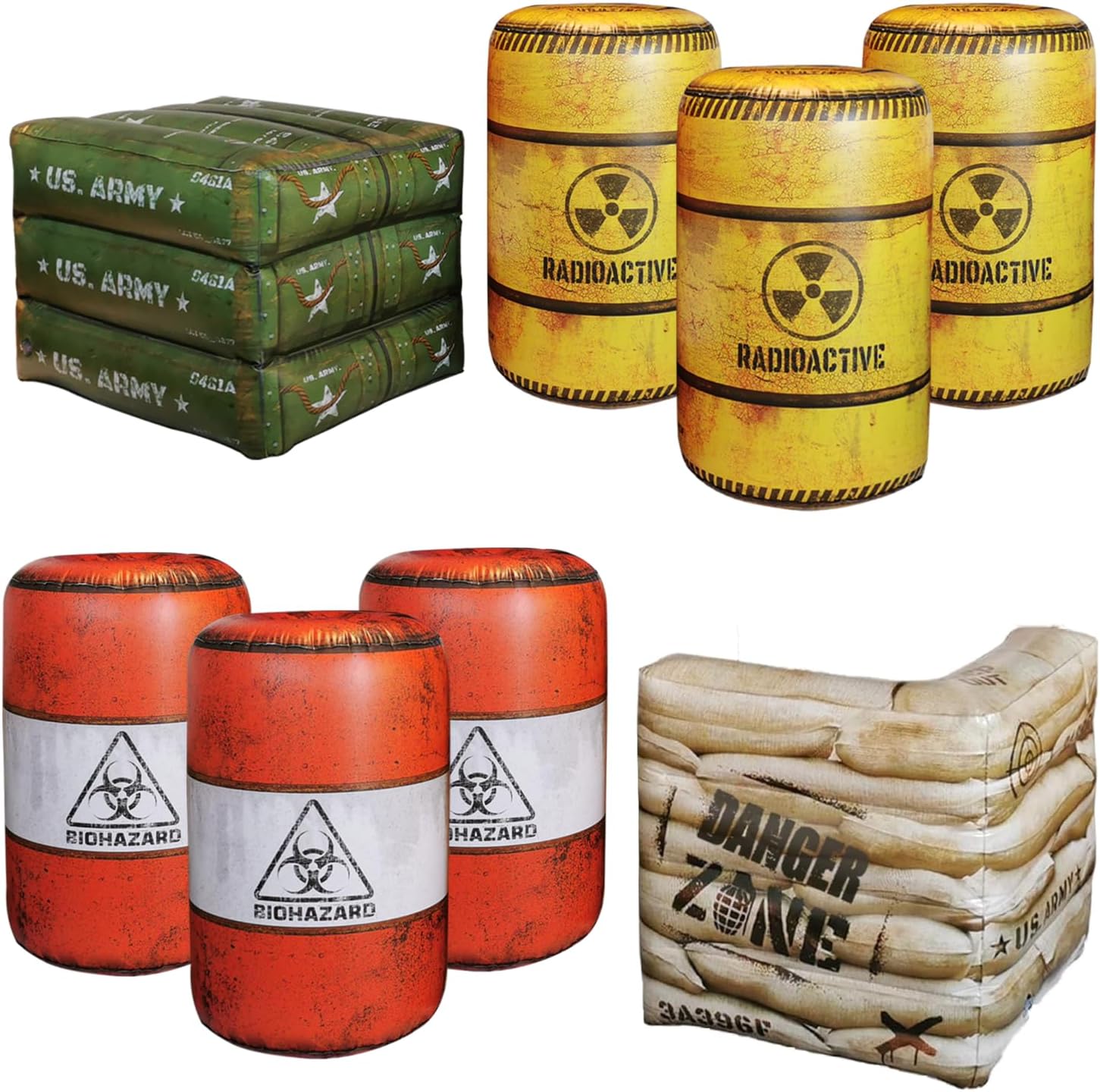 Package 8 Combat Battlefield Inflatables, 6 Barrels + 1 Sandbag + 1 Army Box, Compatible with Laser tag, Water Gun for Boys Birthday Party Activities and Decoration, Include Water Chamber.