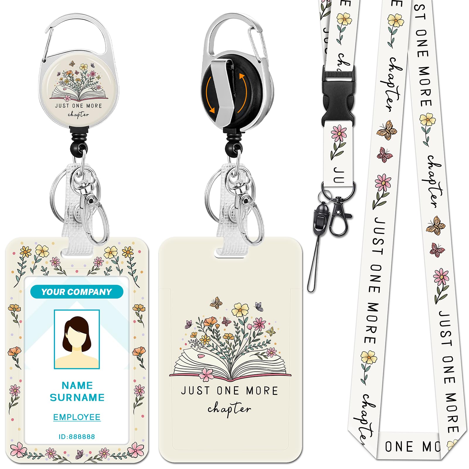 Hancynir Book Floral Cute Lanyards for Id Badges with Retractable Reel Clip
