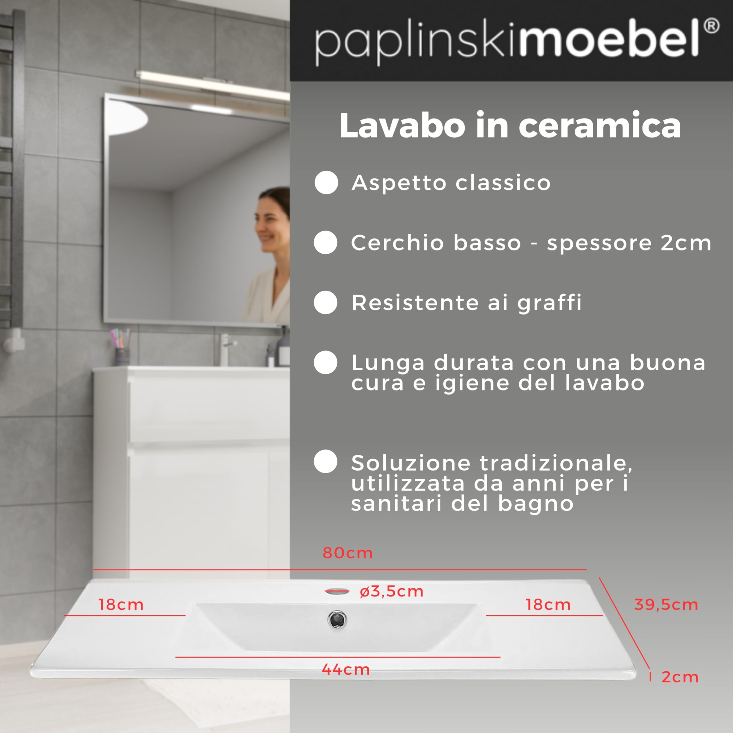 Lavabo ARIZA con mobile largo 80 cm, Lavabo con mobile a 2 ante, Set di mobili da bagno - Bianco opaco/Fronte bianco brillante