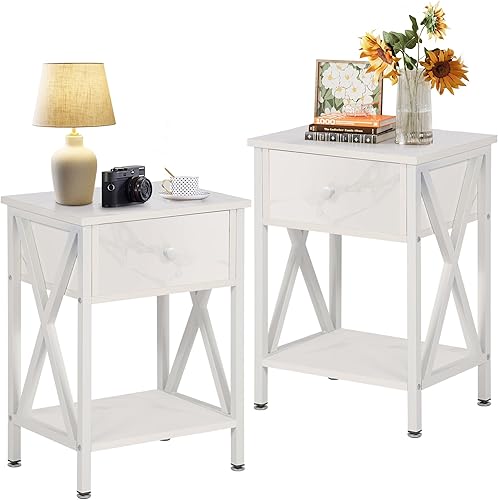 Miniatura 16 de VECELO - Juego de 2 mesitas de noche, mesas de noche modernas, mesitas auxiliares con cajón y estante de almacenamiento para sala de estar o
